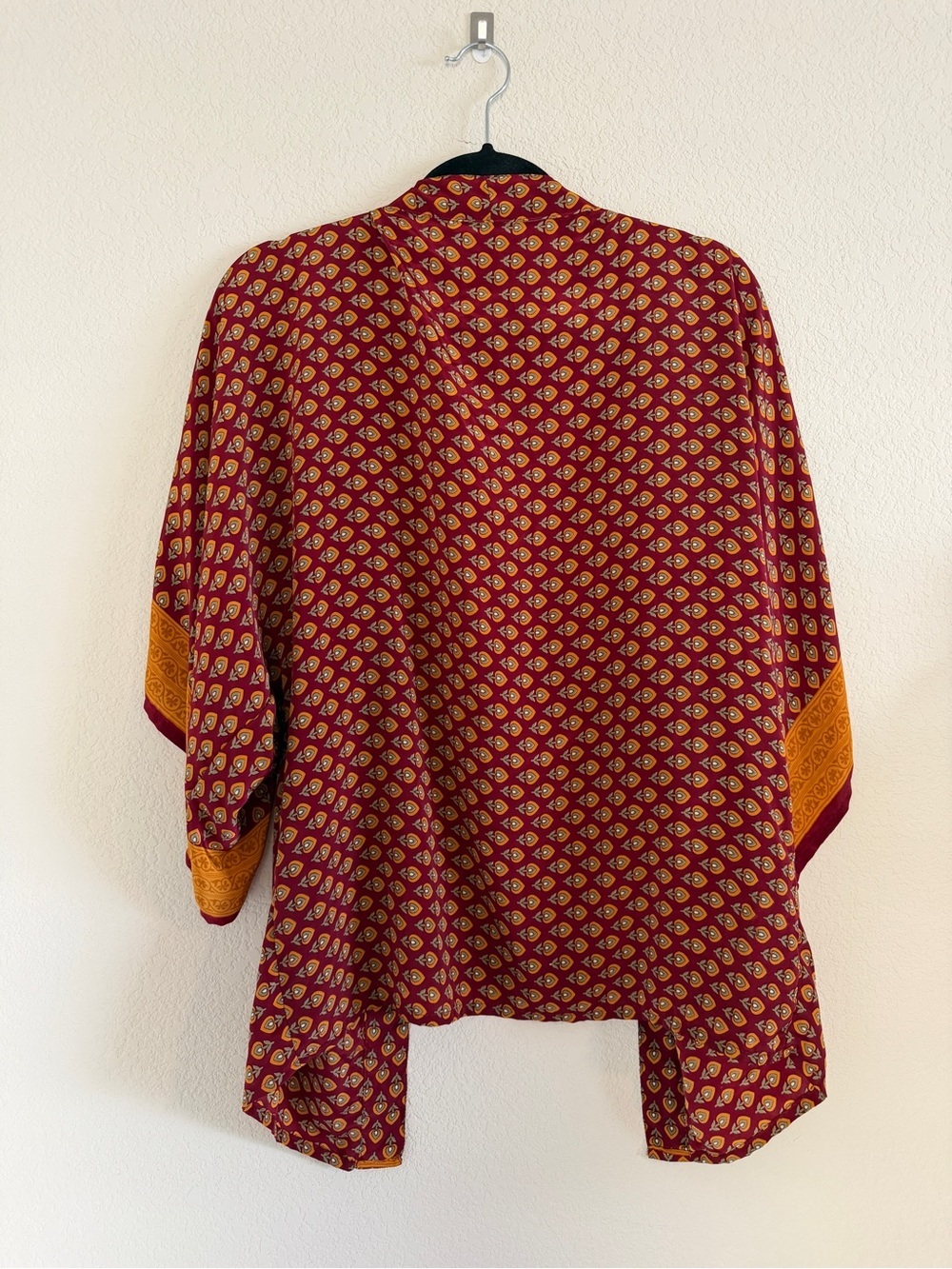 100% Silk Boho Printed Open Kimono Jacket - Red & Mustard - Picture 4 of 5